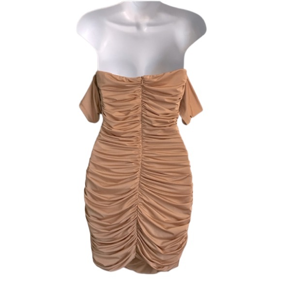 🔴 4/$15 H&M gold sexy fitted shirred & ruched ss mini party dress size M in EUC - Picture 3 of 14